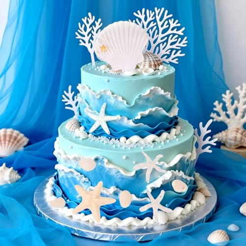 LOIYSHINE 20-Piece Sea Shell Cake Decorations Set - Under the Sea Theme with Starfish, Coral, and Natural Shells for Birthday Parties, Baby Showers, Weddings