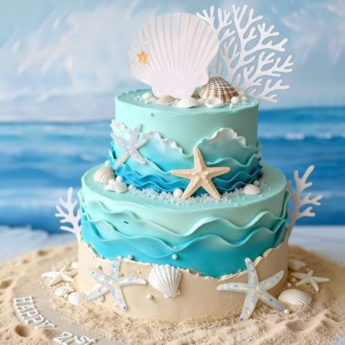 LOIYSHINE 20-Piece Sea Shell Cake Decorations Set - Under the Sea Theme with Starfish, Coral, and Natural Shells for Birthday Parties, Baby Showers, Weddings