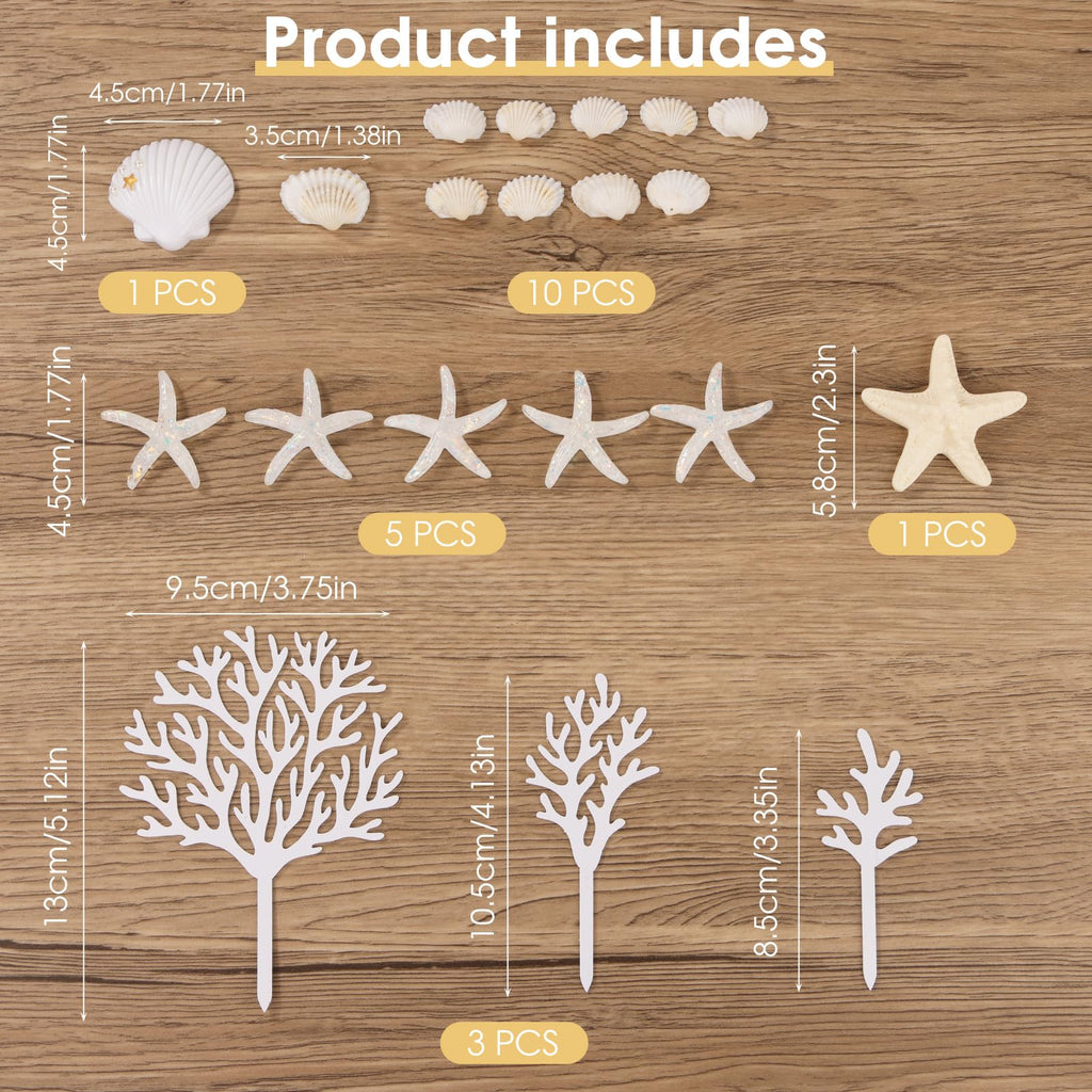 LOIYSHINE 20-Piece Sea Shell Cake Decorations Set - Under the Sea Theme with Starfish, Coral, and Natural Shells for Birthday Parties, Baby Showers, Weddings