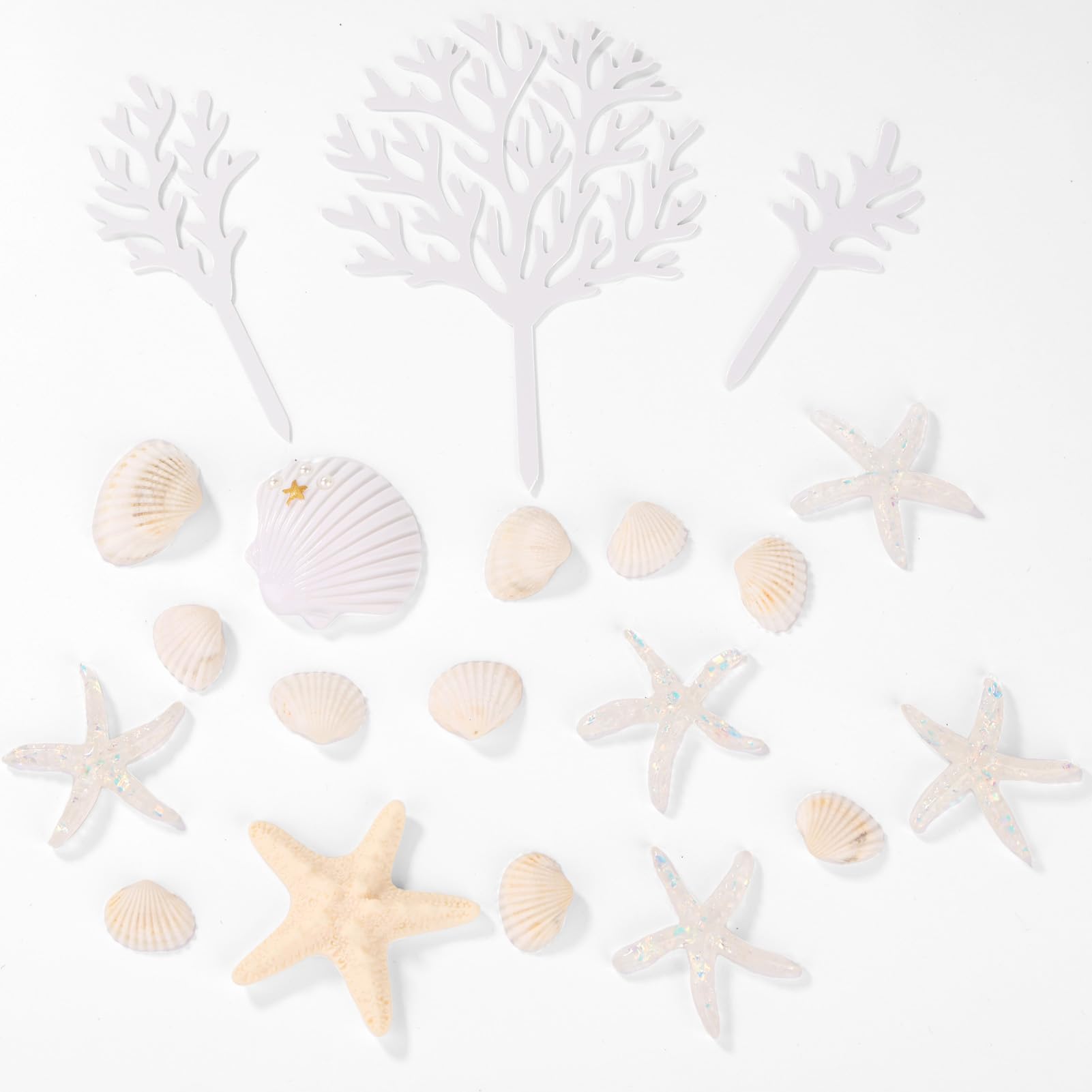 LOIYSHINE 20-Piece Sea Shell Cake Decorations Set - Under the Sea Theme with Starfish, Coral, and Natural Shells for Birthday Parties, Baby Showers, Weddings