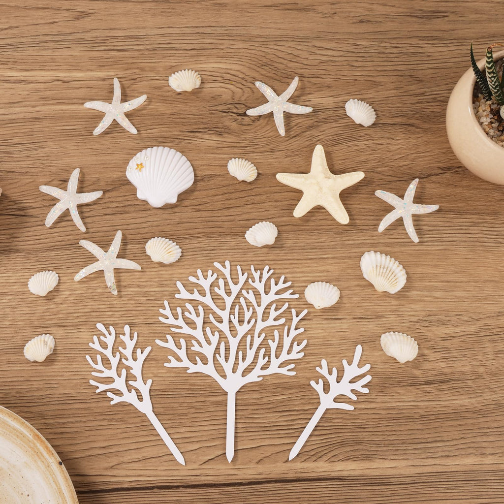 LOIYSHINE 20-Piece Sea Shell Cake Decorations Set - Under the Sea Theme with Starfish, Coral, and Natural Shells for Birthday Parties, Baby Showers, Weddings