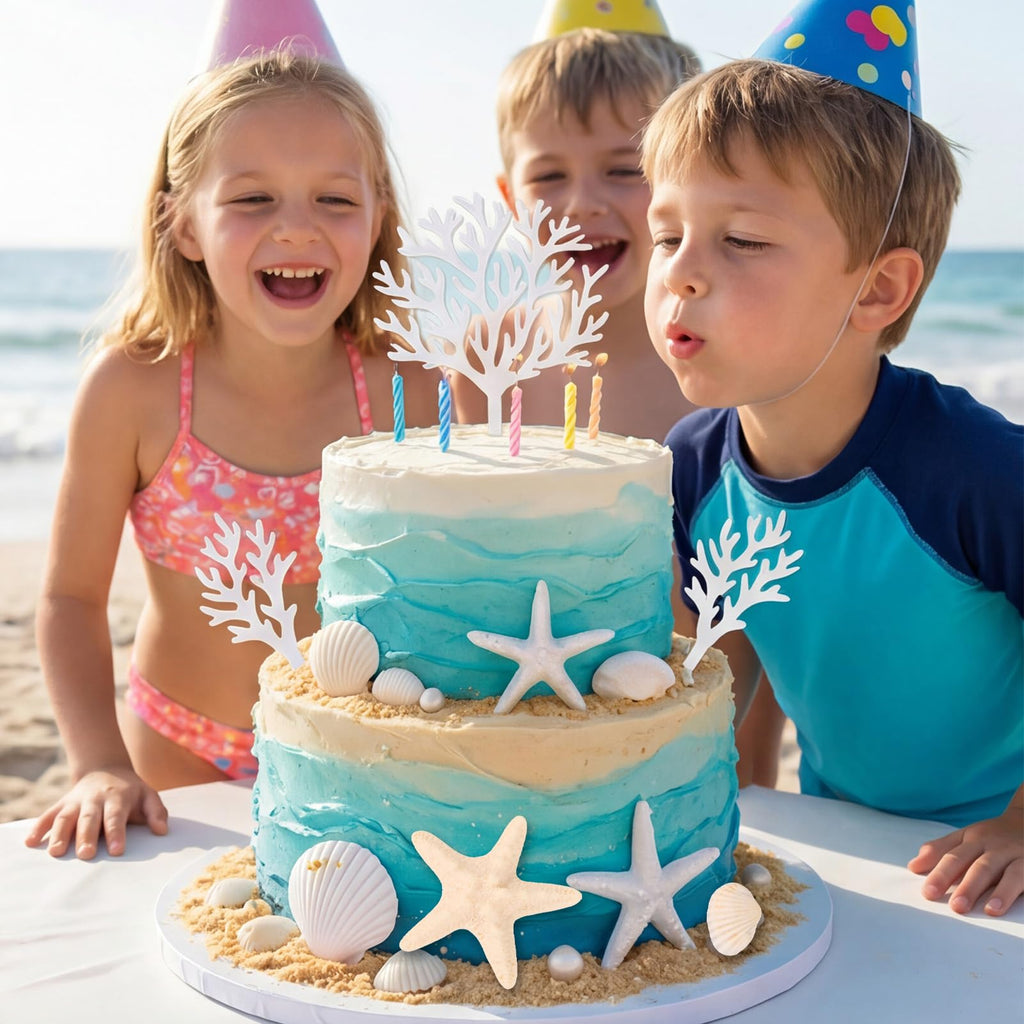 LOIYSHINE 20-Piece Sea Shell Cake Decorations Set - Under the Sea Theme with Starfish, Coral, and Natural Shells for Birthday Parties, Baby Showers, Weddings