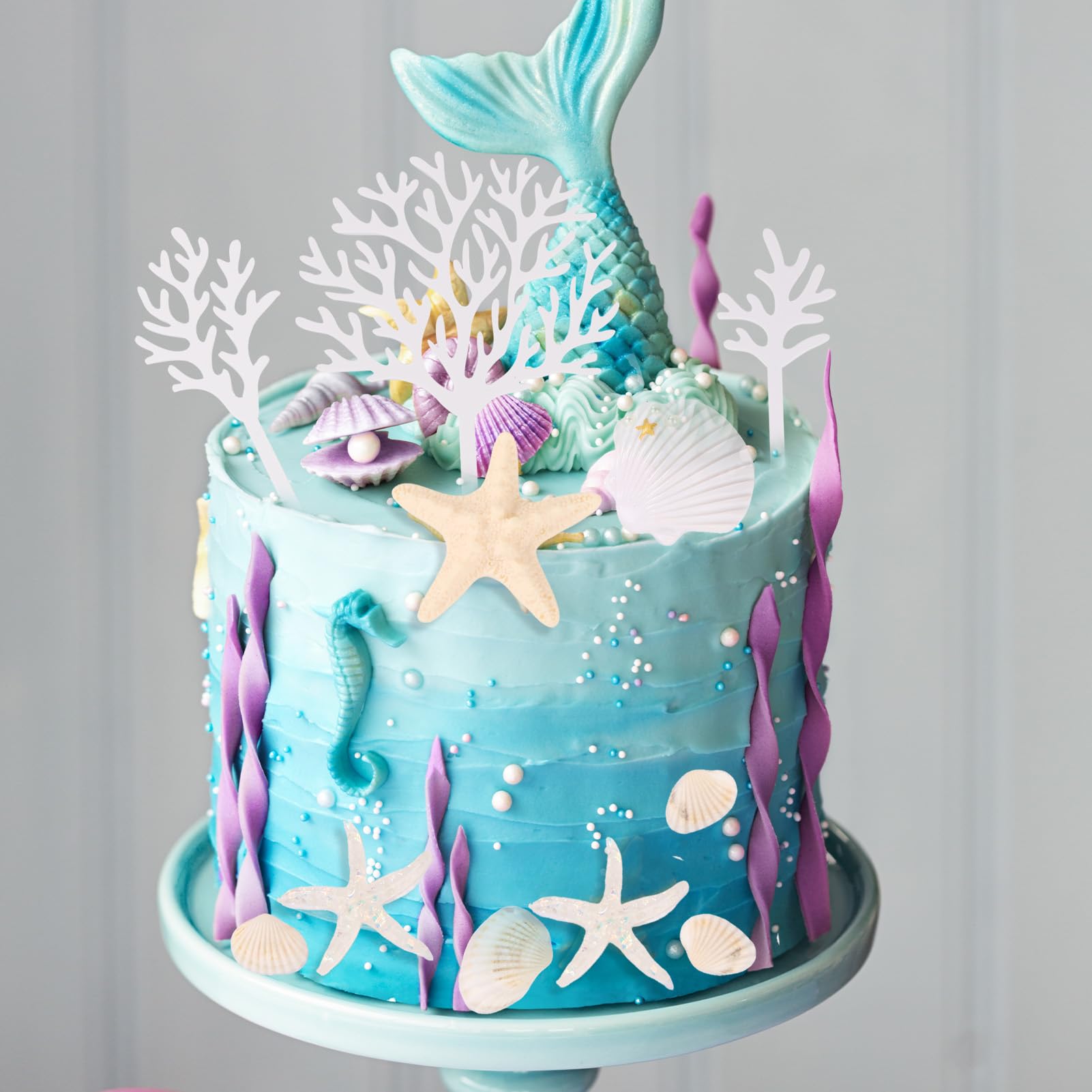 LOIYSHINE 20-Piece Sea Shell Cake Decorations Set - Under the Sea Theme with Starfish, Coral, and Natural Shells for Birthday Parties, Baby Showers, Weddings