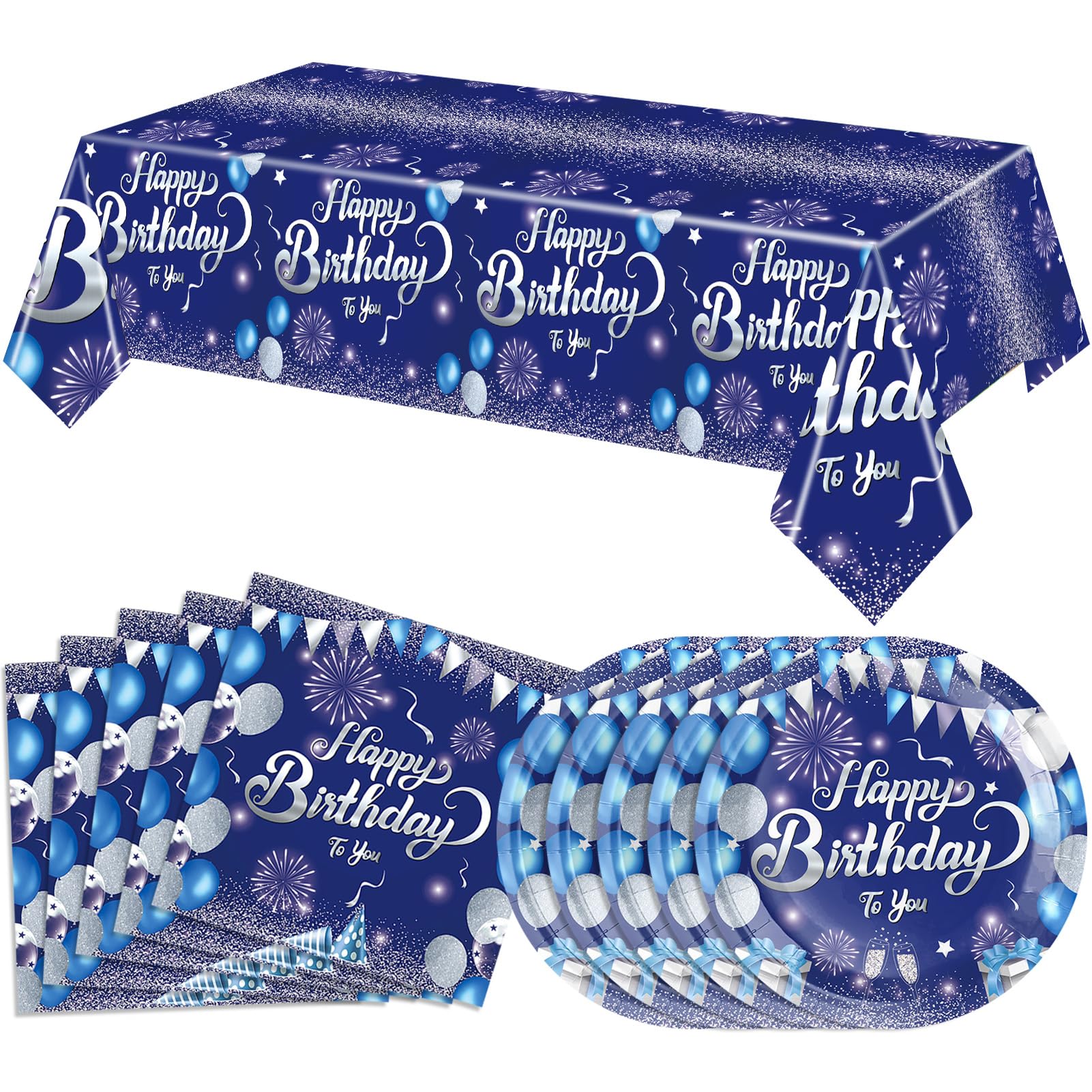 LOIYSHINE 41 Pcs Blue & Silver Birthday Party Tableware Set - 20 Plates, 20 Napkins & Tablecloth