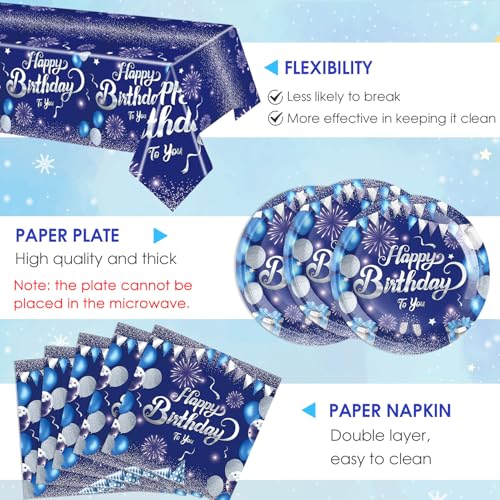LOIYSHINE 41 Pcs Blue & Silver Birthday Party Tableware Set - 20 Plates, 20 Napkins & Tablecloth