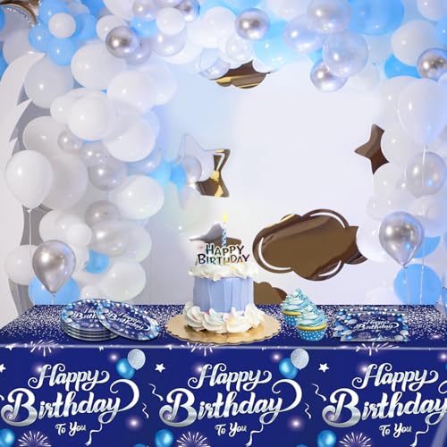 LOIYSHINE 41 Pcs Blue & Silver Birthday Party Tableware Set - 20 Plates, 20 Napkins & Tablecloth