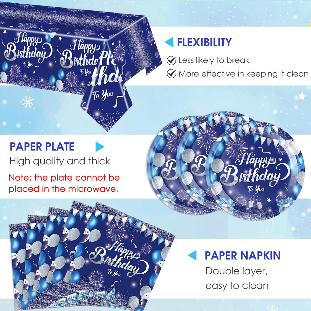 LOIYSHINE 41 Pcs Blue & Silver Birthday Party Tableware Set - 20 Plates, 20 Napkins & Tablecloth