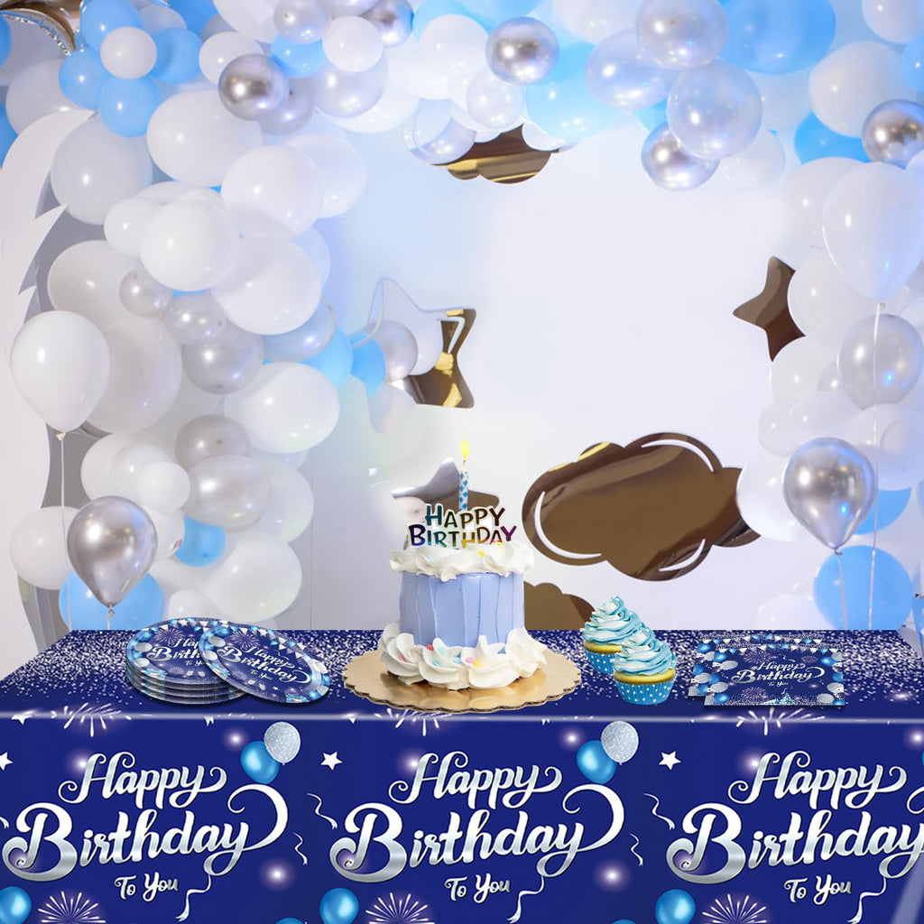 LOIYSHINE 41 Pcs Blue & Silver Birthday Party Tableware Set - 20 Plates, 20 Napkins & Tablecloth