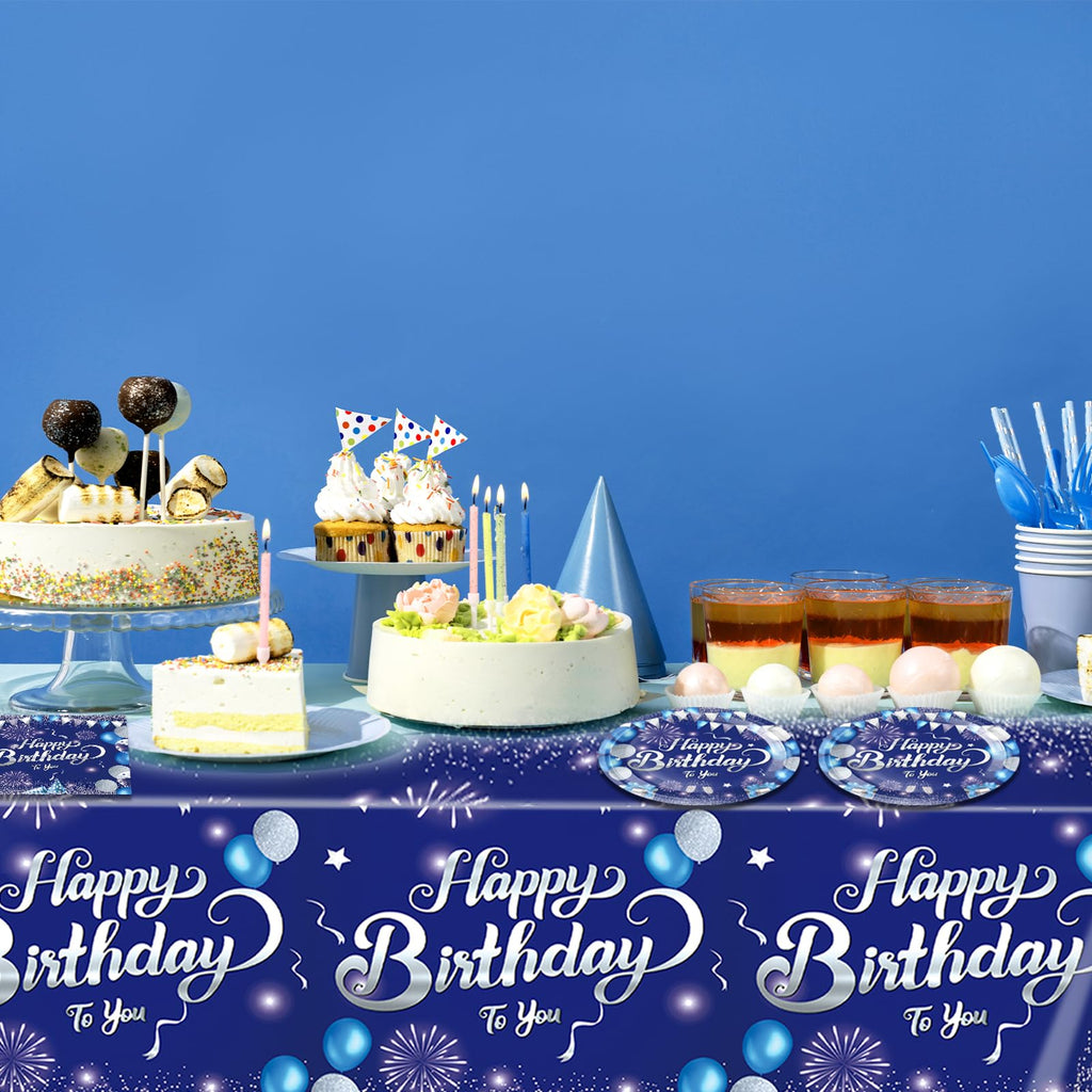 LOIYSHINE 41 Pcs Blue & Silver Birthday Party Tableware Set - 20 Plates, 20 Napkins & Tablecloth