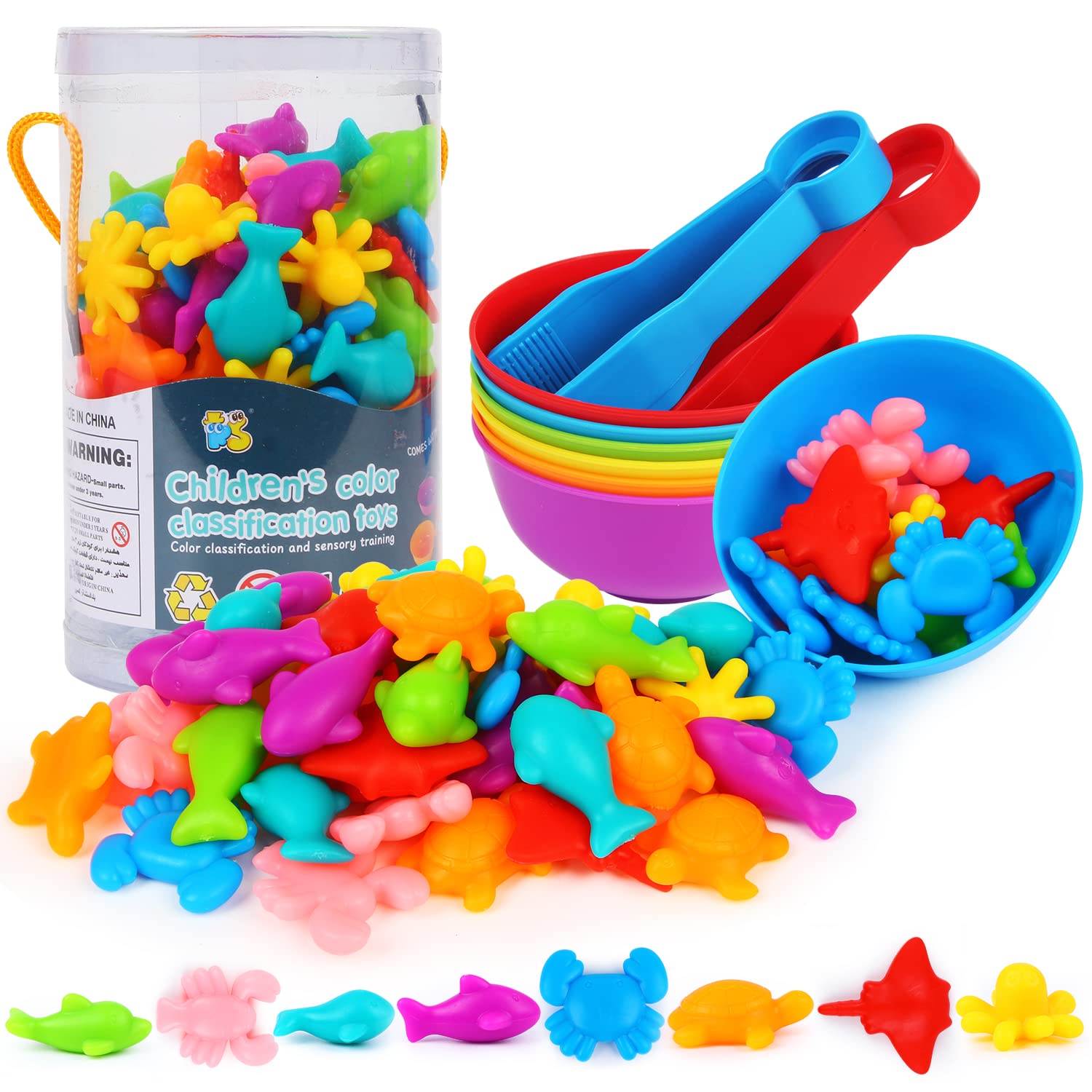LOKIPA Counting Ocean Animal Toys - 56-Piece Color Sorting Set with Rainbow Cups for Toddlers