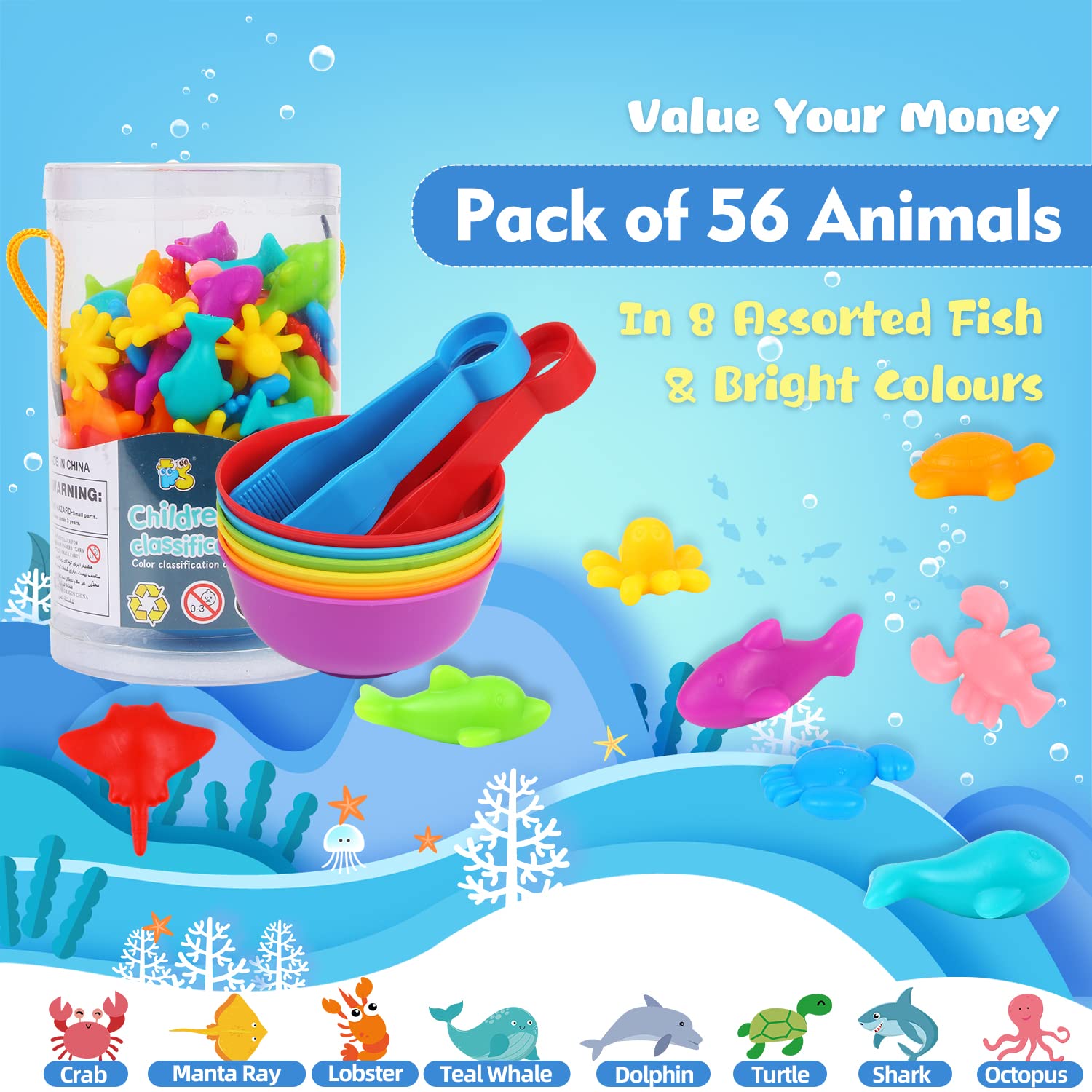 LOKIPA Counting Ocean Animal Toys - 56-Piece Color Sorting Set with Rainbow Cups for Toddlers