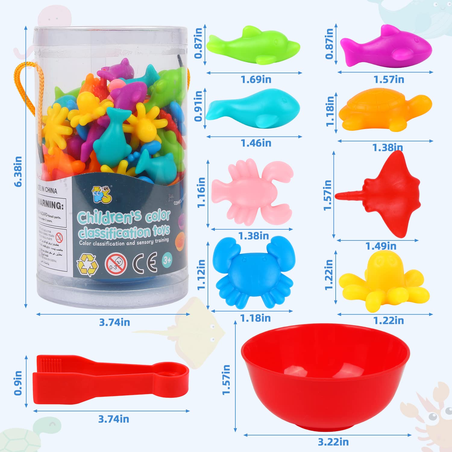 LOKIPA Counting Ocean Animal Toys - 56-Piece Color Sorting Set with Rainbow Cups for Toddlers