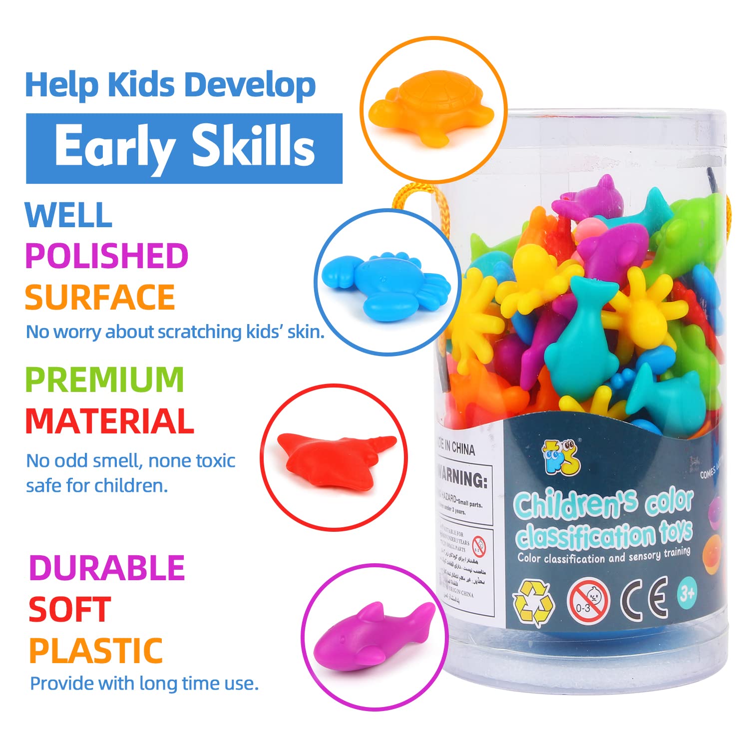 LOKIPA Counting Ocean Animal Toys - 56-Piece Color Sorting Set with Rainbow Cups for Toddlers