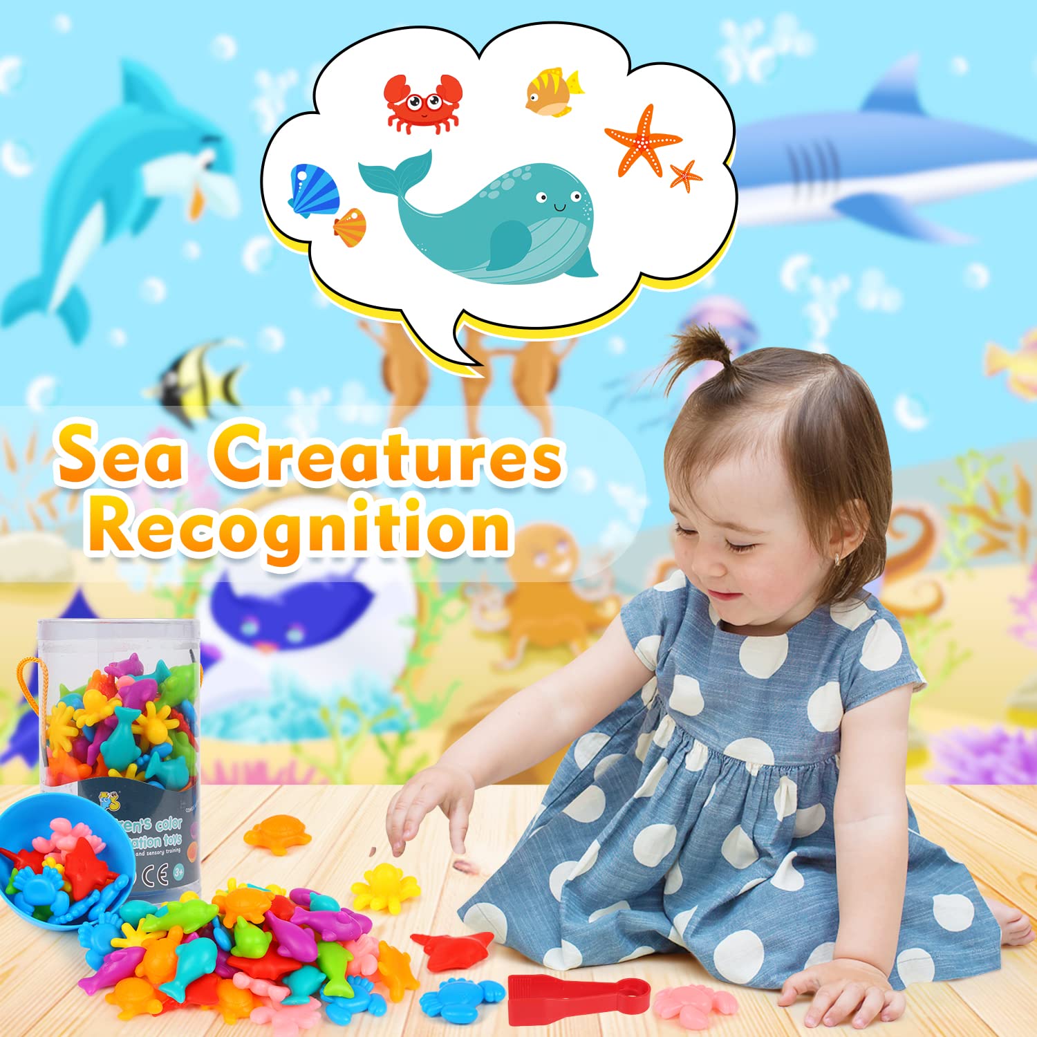LOKIPA Counting Ocean Animal Toys - 56-Piece Color Sorting Set with Rainbow Cups for Toddlers