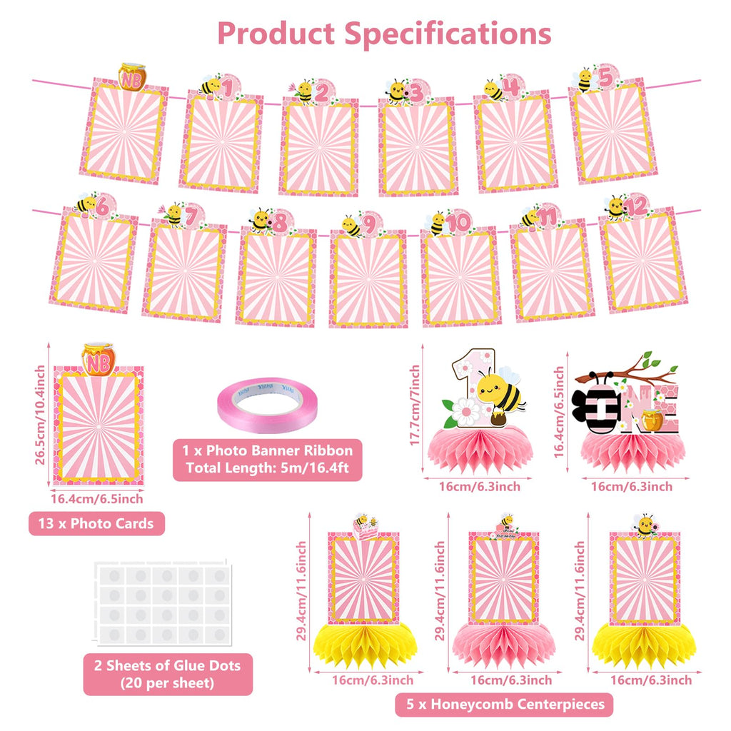 Lomantank Happy 1st Bee Day Decorations Set – 13 Monthly Photo Cards & 5 Honeycomb Centerpieces for Baby Shower or First Birthday