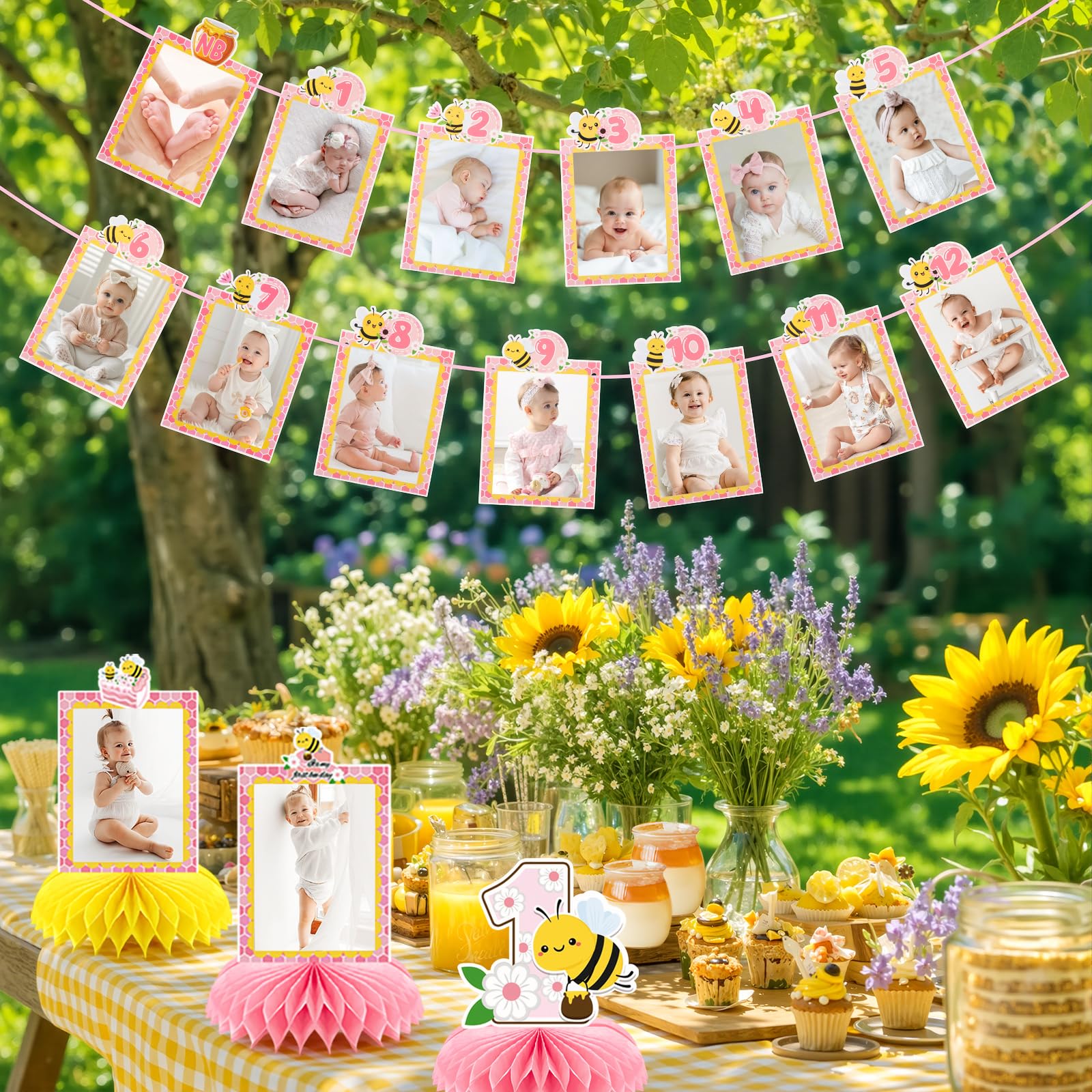 Lomantank Happy 1st Bee Day Decorations Set – 13 Monthly Photo Cards & 5 Honeycomb Centerpieces for Baby Shower or First Birthday