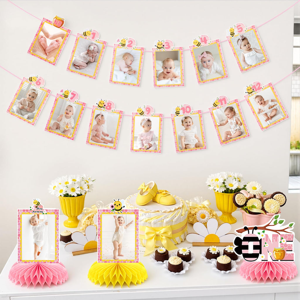 Lomantank Happy 1st Bee Day Decorations Set – 13 Monthly Photo Cards & 5 Honeycomb Centerpieces for Baby Shower or First Birthday