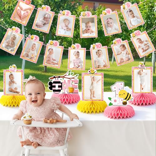 Lomantank Happy 1st Bee Day Decorations Set – 13 Monthly Photo Cards & 5 Honeycomb Centerpieces for Baby Shower or First Birthday