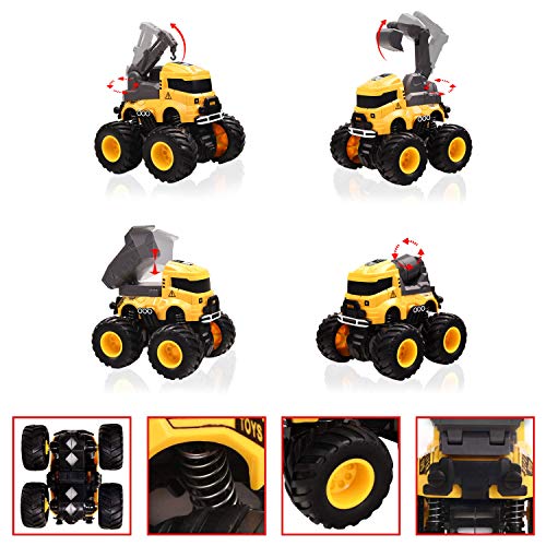 LONANDY 4-Pack Friction Powered Construction Trucks with 360° Stunt for Kids Ages 3-8