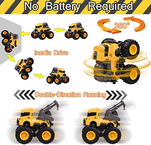 LONANDY 4-Pack Friction Powered Construction Trucks with 360° Stunt for Kids Ages 3-8