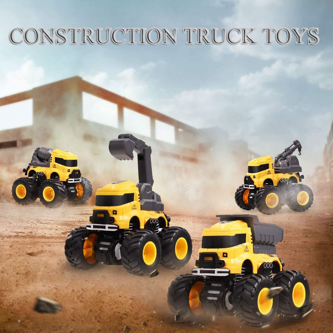 LONANDY 4-Pack Friction Powered Construction Trucks with 360° Stunt for Kids Ages 3-8