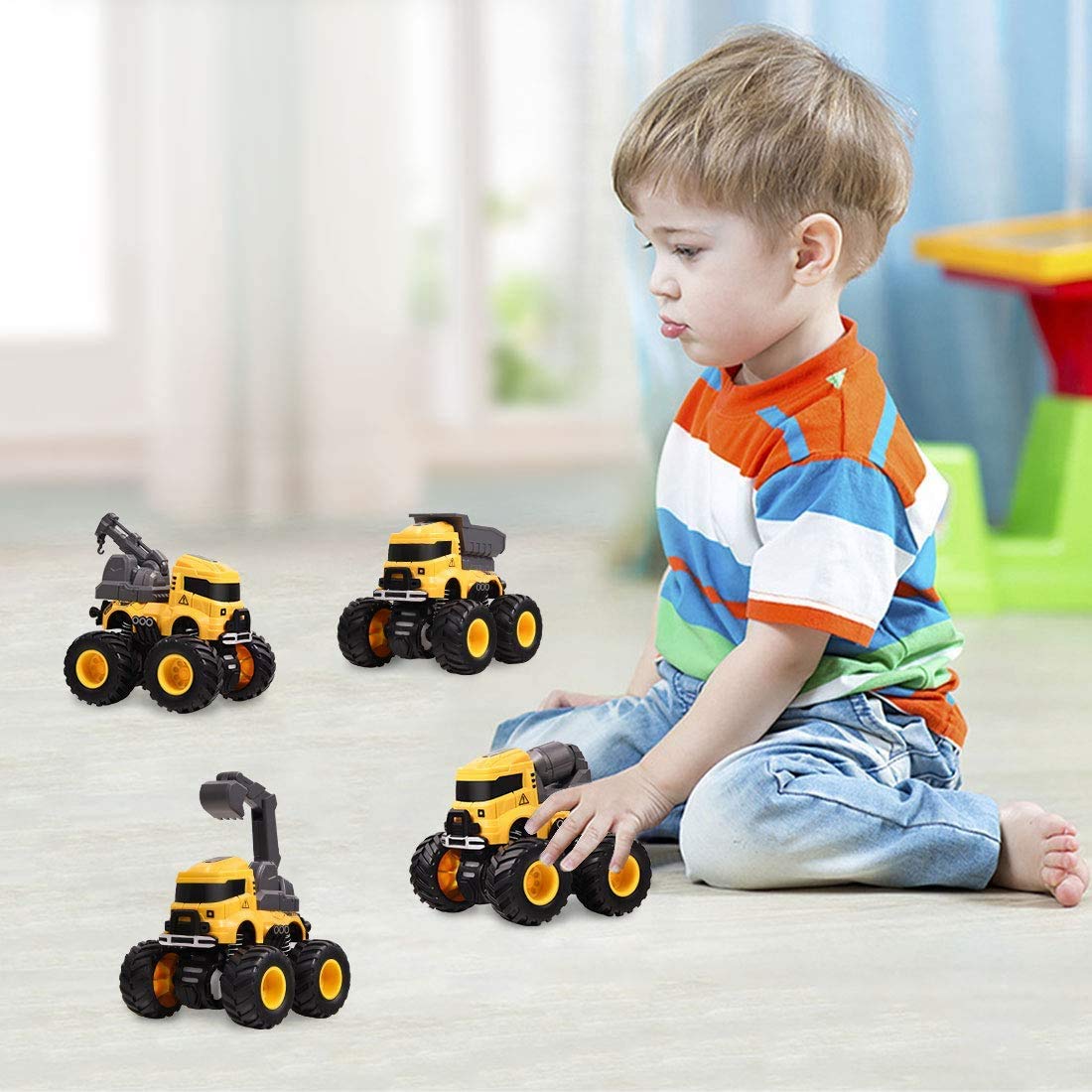 LONANDY 4-Pack Friction Powered Construction Trucks with 360° Stunt for Kids Ages 3-8