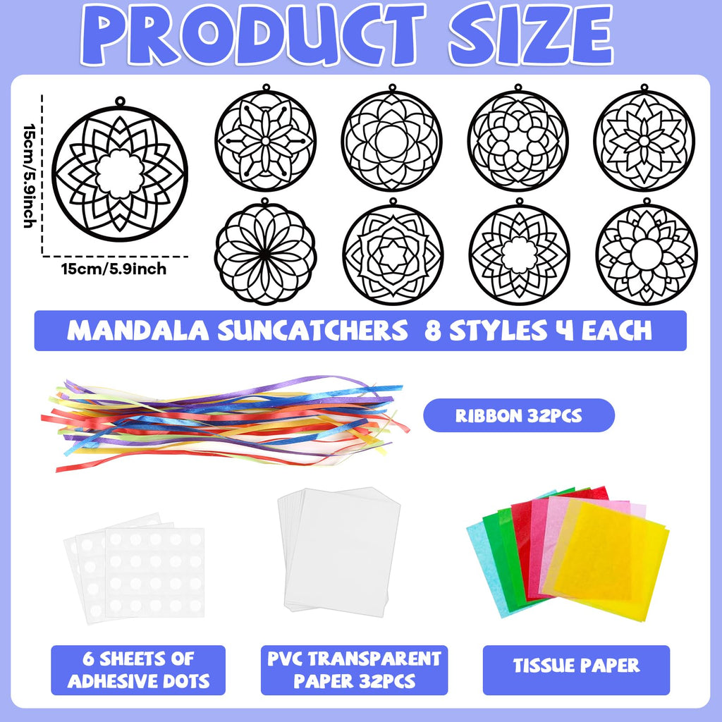 Lonfliness 32-Pack DIY Mandala Suncatcher Craft Kit – Stained Glass Effect Window Art for Home School Classroom
