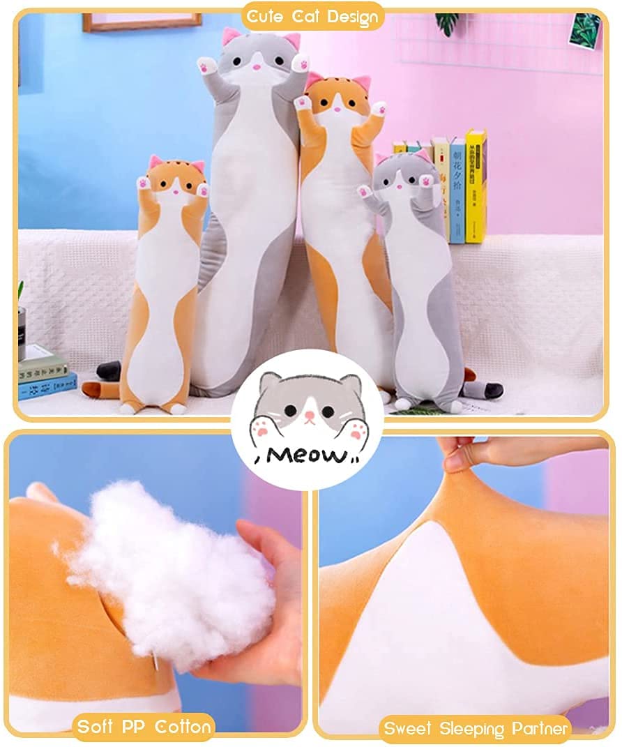 Long Body Cat Plush Pillow – 19-Inch Soft Cuddle Toy for Kids and Adults (Orange)