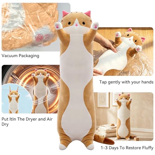 Long Cat Pillow 19.7 Inch – Soft Stretchy Plush for Kids and Travel – Brown