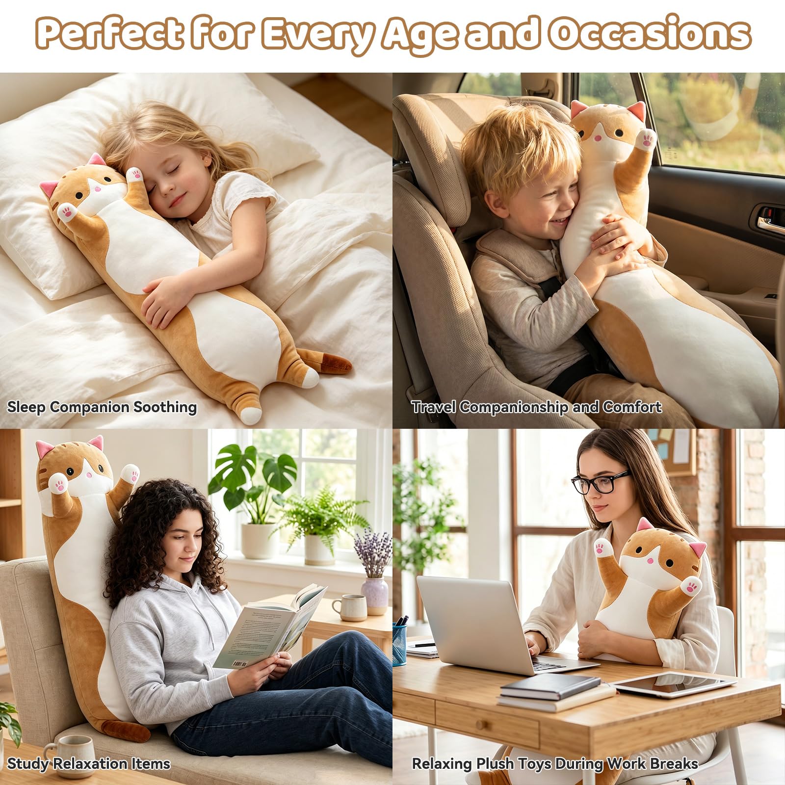 Long Cat Pillow 19.7 Inch – Soft Stretchy Plush for Kids and Travel – Brown