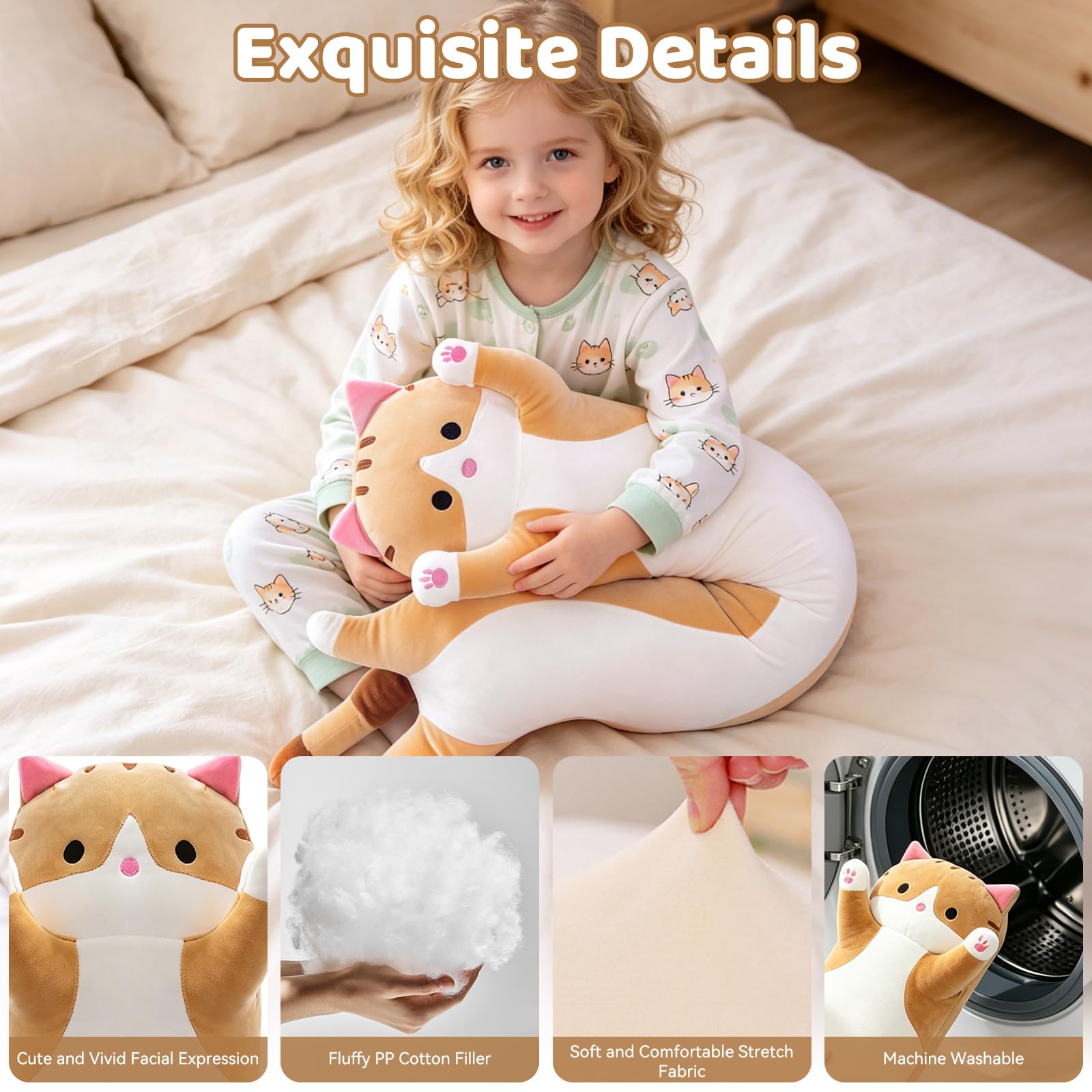 Long Cat Pillow 19.7 Inch – Soft Stretchy Plush for Kids and Travel – Brown