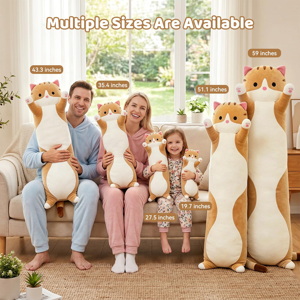 Long Cat Pillow 19.7 Inch – Soft Stretchy Plush for Kids and Travel – Brown