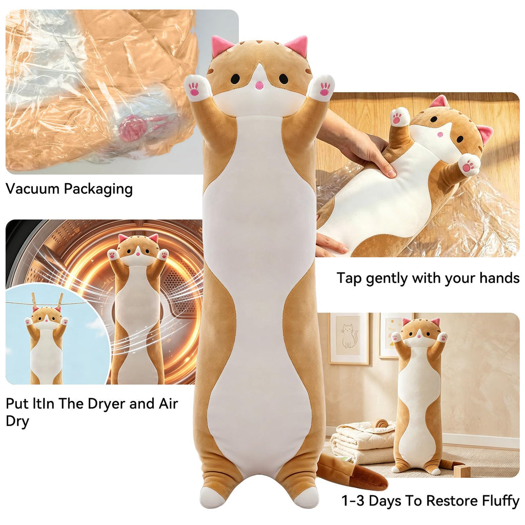 Long Cat Pillow 19.7 Inch – Soft Stretchy Plush for Kids and Travel – Brown