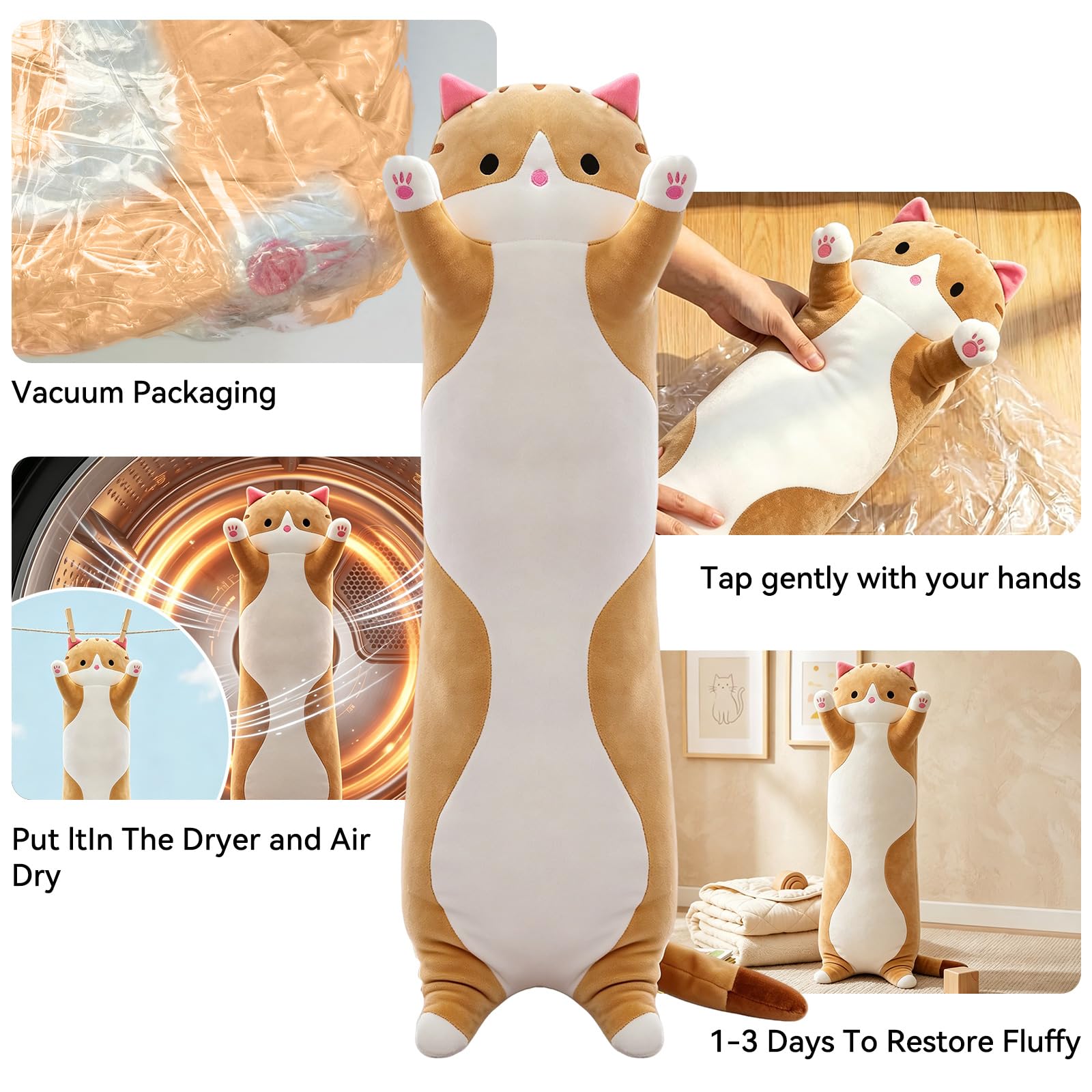 Long Cat Pillow 19.7 Inch – Soft Stretchy Plush for Kids and Travel – Brown