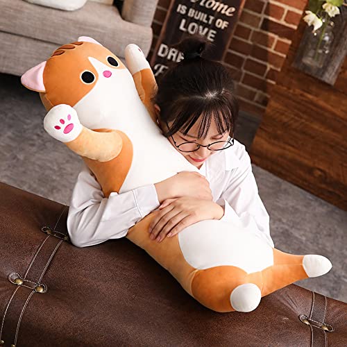 Long Cat Plush Pillow 19.68 Inches - Stretch Velvet Cuddle Toy for Kids, Brown