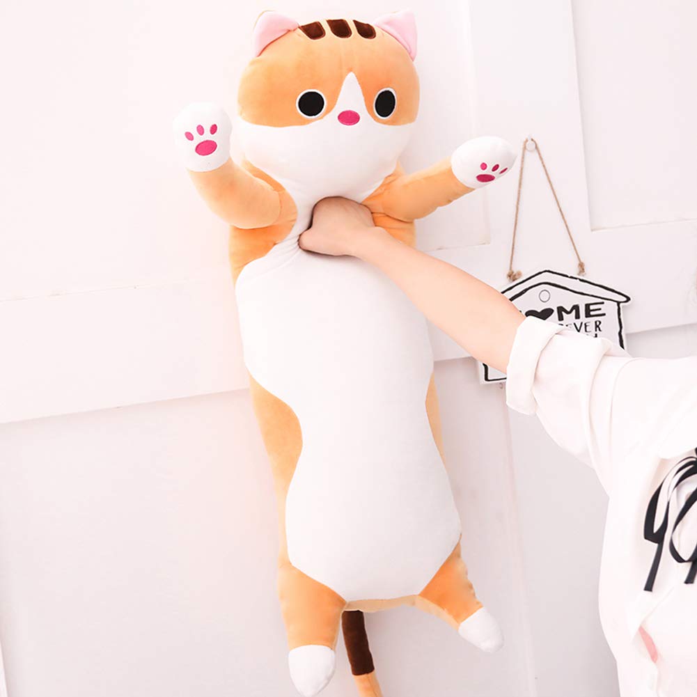 Long Cat Plush Pillow 19.68 Inches - Stretch Velvet Cuddle Toy for Kids, Brown