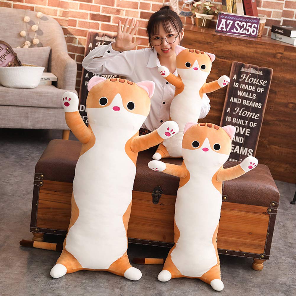 Long Cat Plush Pillow 19.68 Inches - Stretch Velvet Cuddle Toy for Kids, Brown