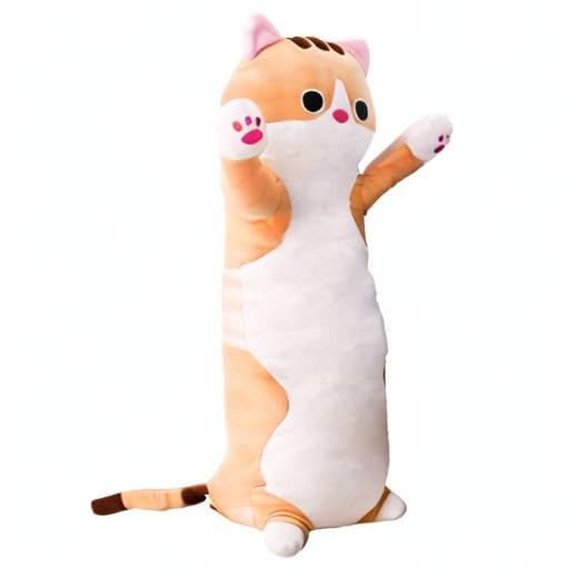 Long Cat Plush Pillow 19.68 Inches - Stretch Velvet Cuddle Toy for Kids, Brown