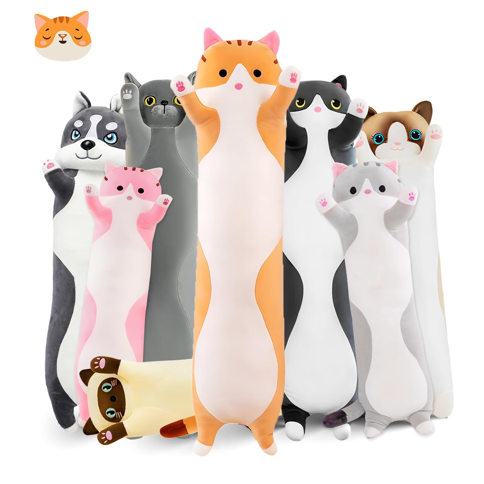 Long Cat Plush Pillow 19.6in Yellow Kawaii Kitten Soft Stuffed Animal Toy Gift