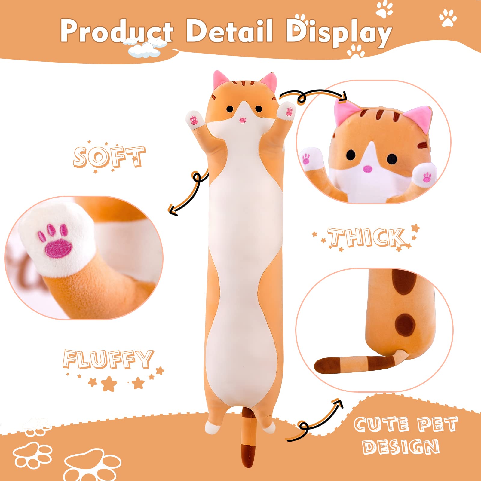 Long Cat Plush Pillow 19.6in Yellow Kawaii Kitten Soft Stuffed Animal Toy Gift