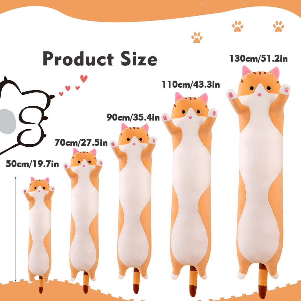 Long Cat Plush Pillow 19.6in Yellow Kawaii Kitten Soft Stuffed Animal Toy Gift