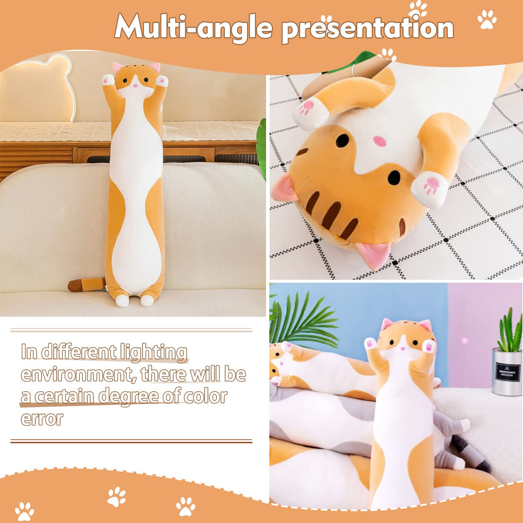 Long Cat Plush Pillow 19.6in Yellow Kawaii Kitten Soft Stuffed Animal Toy Gift