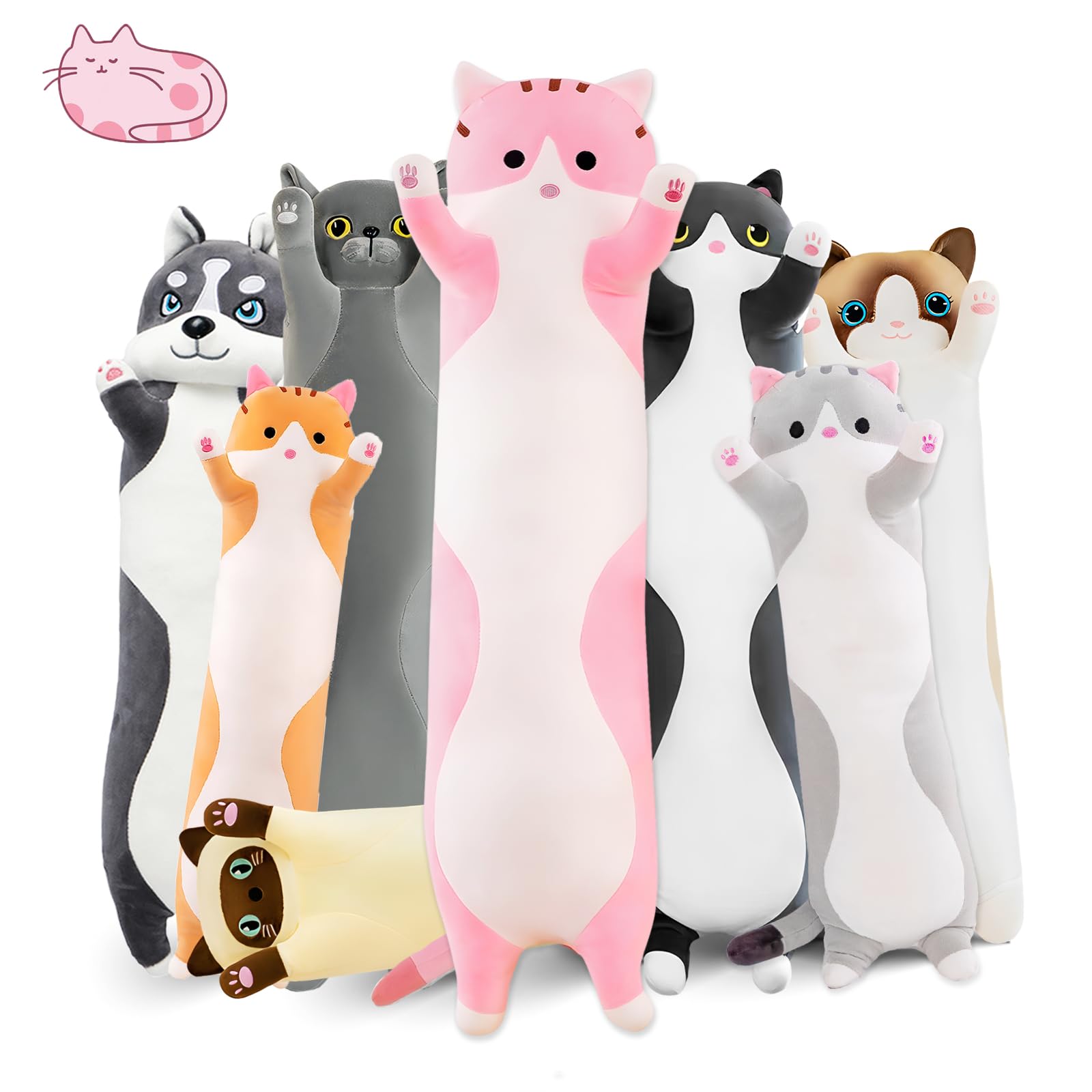 Long Cat Plush Pillow 19.7in – Cute Pink Kawaii Stuffed Animal Body Pillow by NXNYNZ