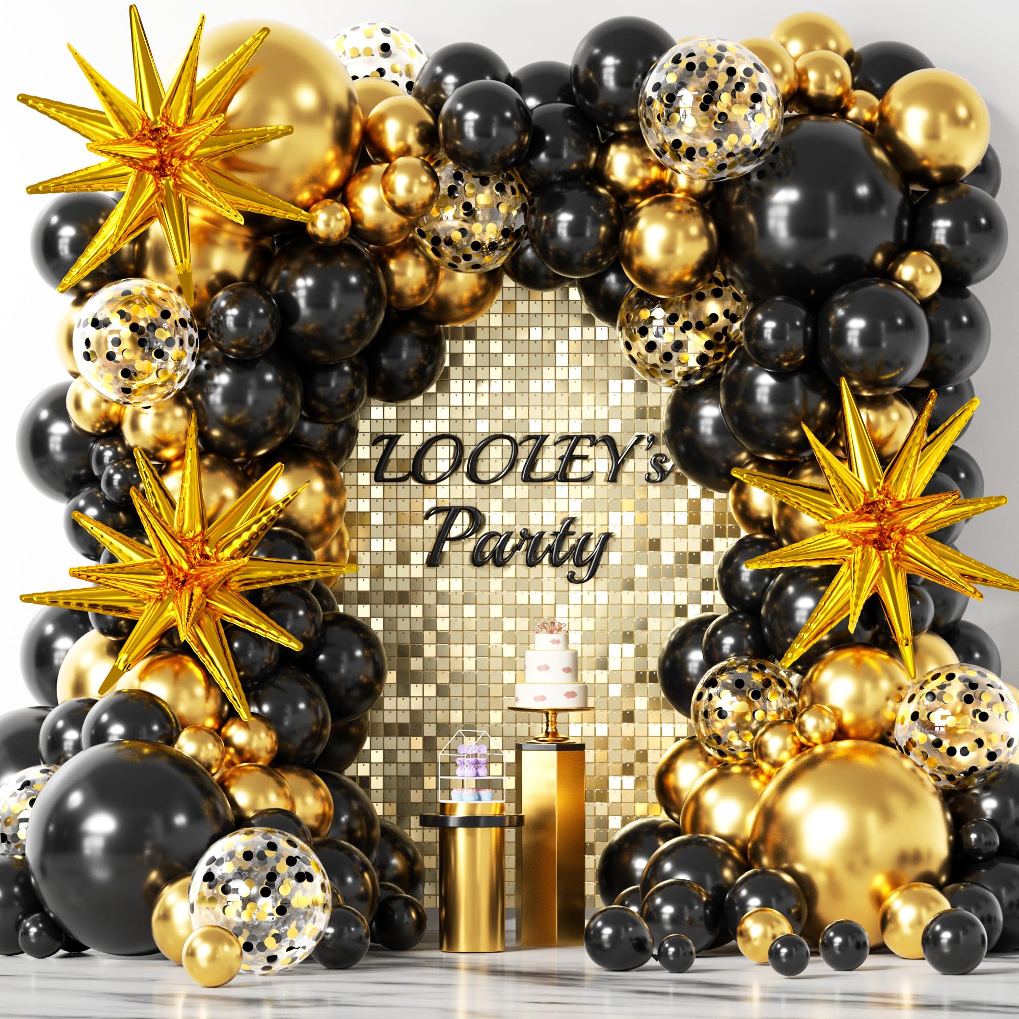LOOLEY 137-Piece Black and Gold Balloon Garland Arch Kit with Stars for Graduation, Birthday, Retirement, and New Year Parties