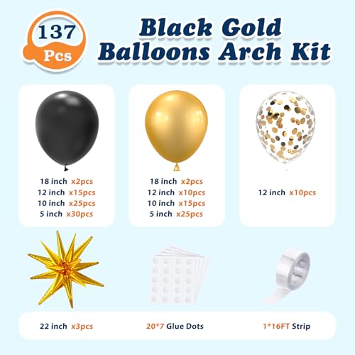 LOOLEY 137-Piece Black and Gold Balloon Garland Arch Kit with Stars for Graduation, Birthday, Retirement, and New Year Parties