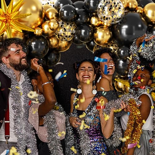 LOOLEY 137-Piece Black and Gold Balloon Garland Arch Kit with Stars for Graduation, Birthday, Retirement, and New Year Parties