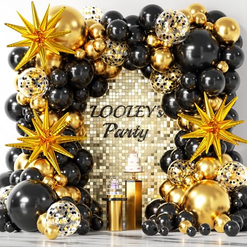 LOOLEY 137-Piece Black and Gold Balloon Garland Arch Kit with Stars for Graduation, Birthday, Retirement, and New Year Parties