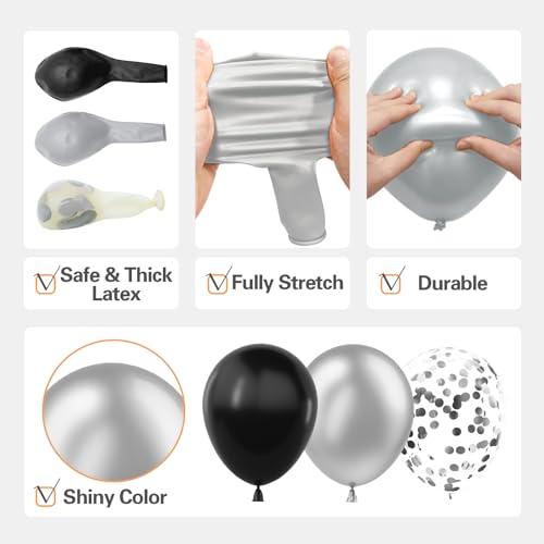 LOOLEY 137-Piece Black & Silver Balloon Arch Kit with Star Balloons – Graduation, Birthday, Retirement Party Decor