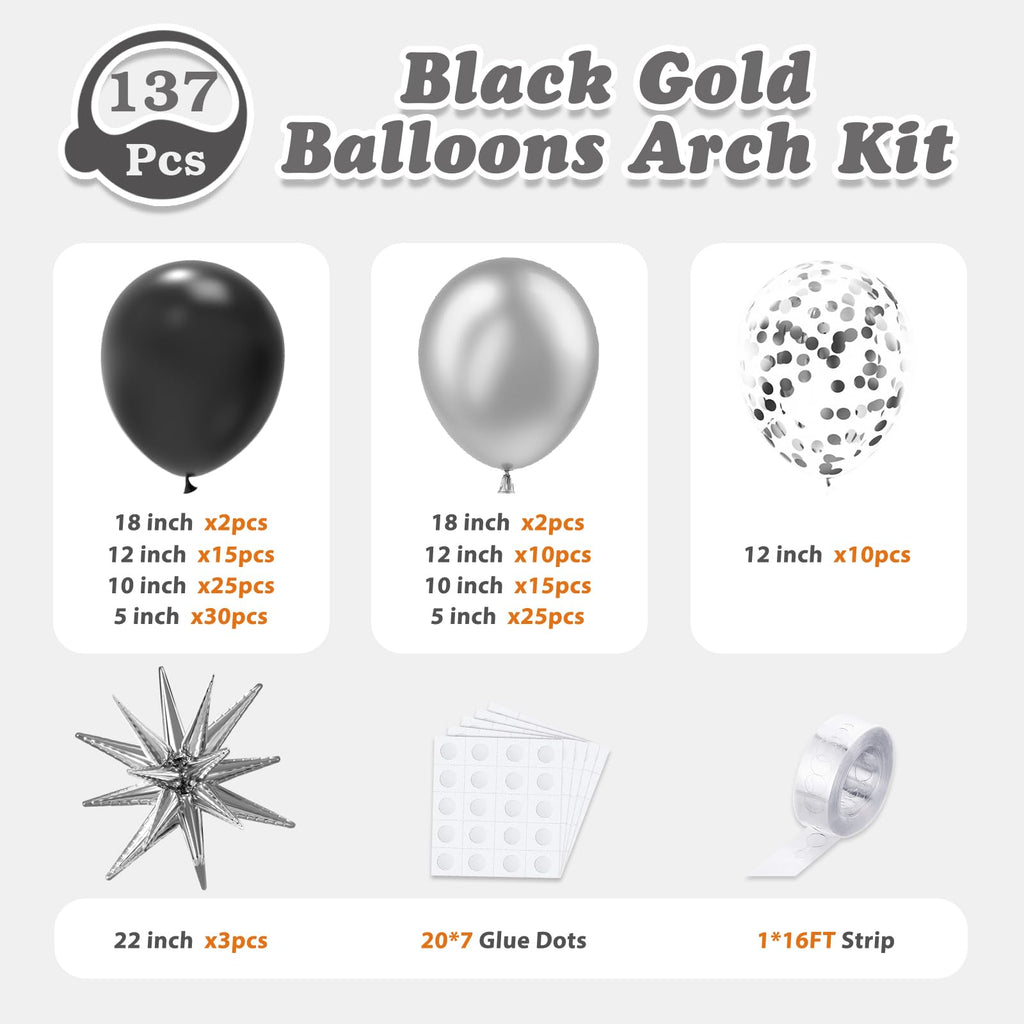 LOOLEY 137-Piece Black & Silver Balloon Arch Kit with Star Balloons – Graduation, Birthday, Retirement Party Decor