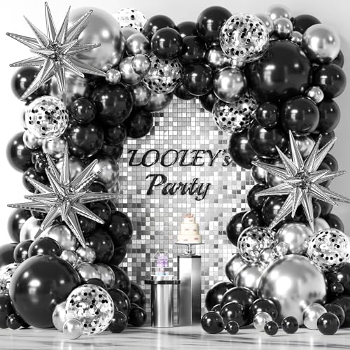 LOOLEY 137-Piece Black & Silver Balloon Arch Kit with Star Balloons – Graduation, Birthday, Retirement Party Decor